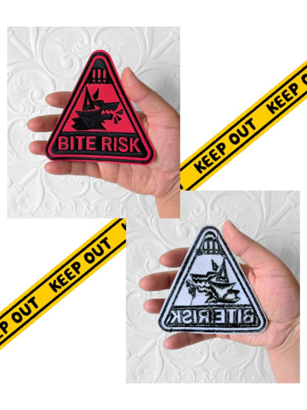 BITE RISK 4"x4" Warning Patch Triangle Hazard Goth Punk Iron-On Tactical Furry